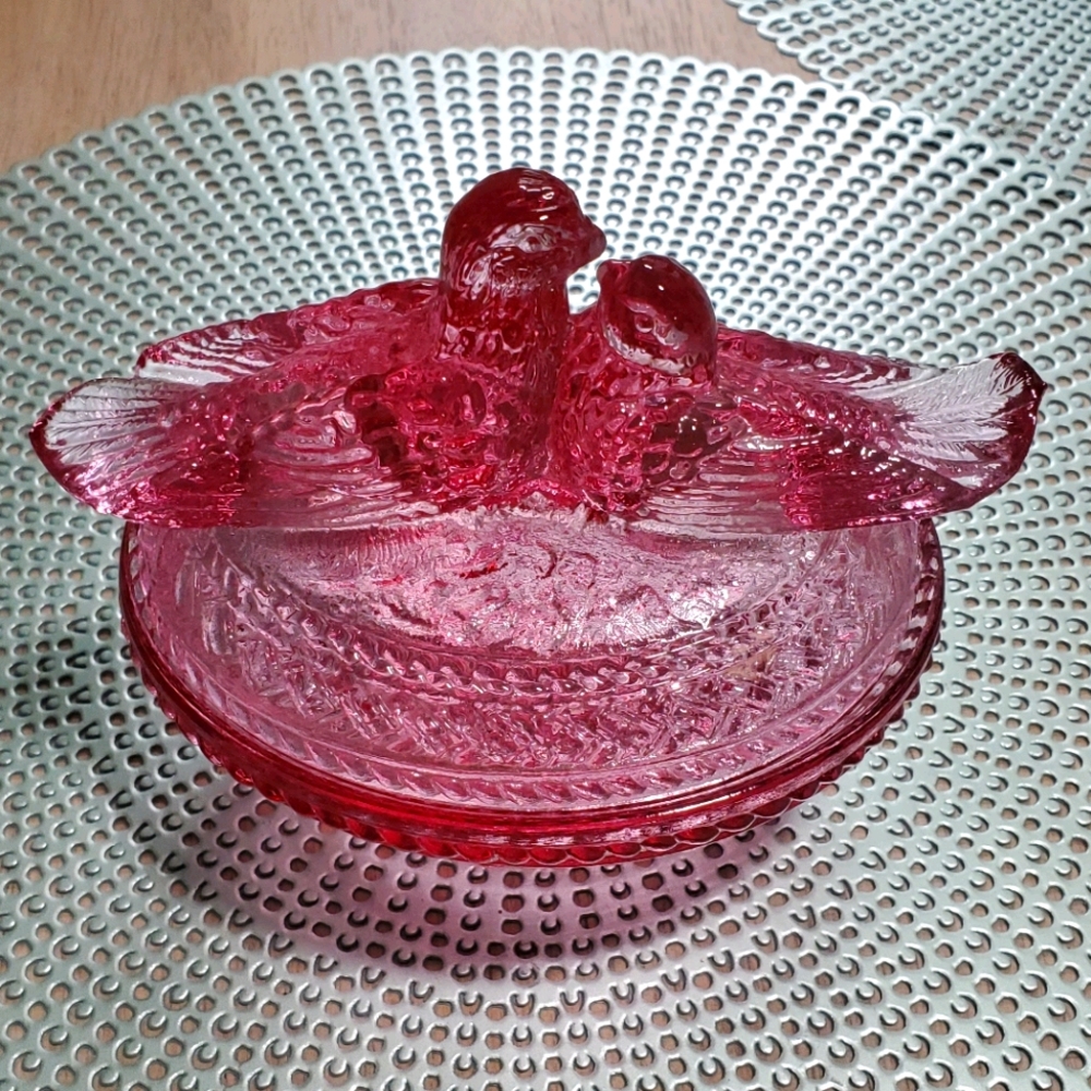 Vintage Mosser glassware pink lovebirds dish